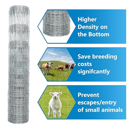 Farm Fence, 4ft X 33ft Wire Fence, Goat Cattle Deer Livestock Fence, Galvanized Woven Hog Wire Fencing,Fencing for Yard and Animals Protection