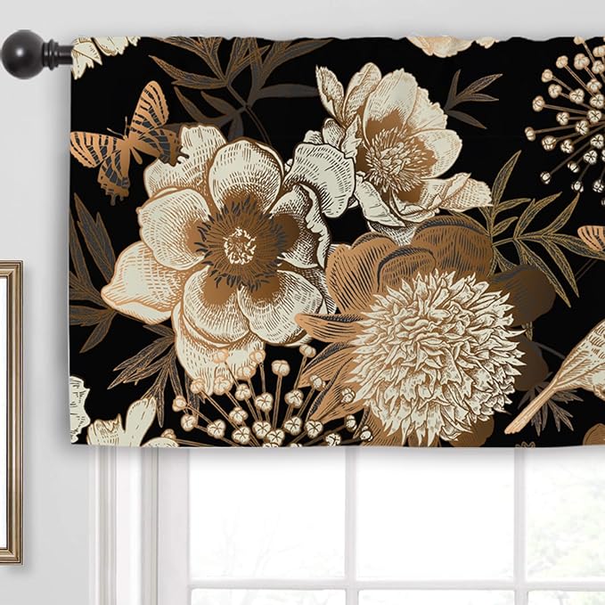Miyotaa Black Flower Kitchen Curtain Valance 54W x 18H Rod Pocket Vintage Bird Butterfly Botanical Retro Plant Blossom Window Treatment for Living Room Bedroom Bathroom