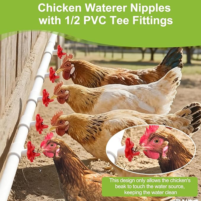 EEEKit 12 Pack Chicken Nipple Waterer Kit, Horizontal Automatic Poultry Side Mount Drinker with 1/2" PVC Tee Fittings or DIY Chicken Duck Quail Watering System