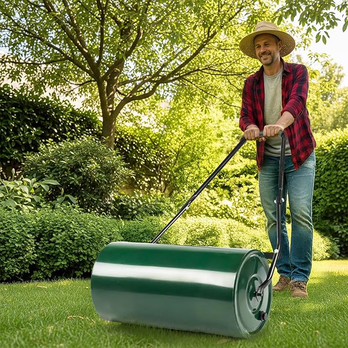 24in Heavy Duty Steel Lawn Roller,Manual Hand Lawns Roller,Water or Sand Filled Garden Rollers,Push/Tow-Behind Yard Rollers,with U-Shaped Handle,for Garden Yard Park Backyard Farm (Green & Black)