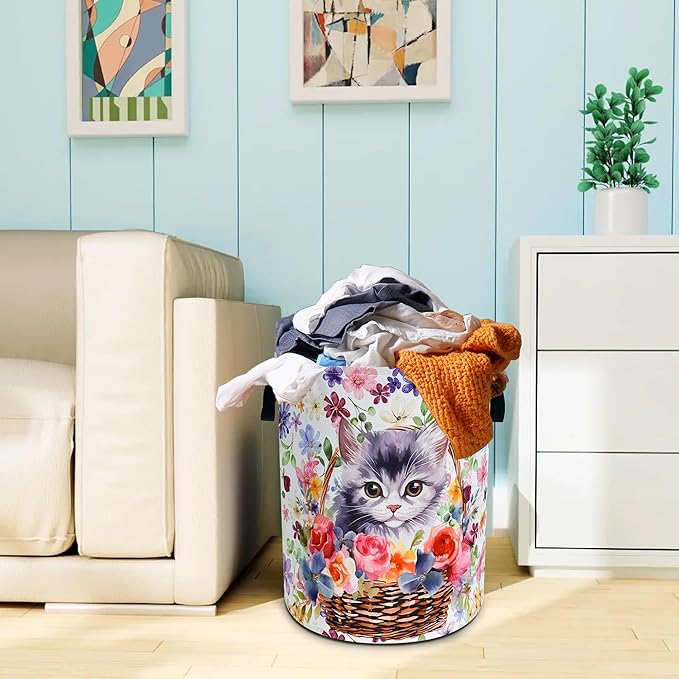 Cute Cat Laundry Basket Flowers Animal Oxford Cloth Laundry Hamper With Handle Foldable Portable Clothes Storage Basket 18.9 X 16.5 In Storage Bag For Laundry Room/Bathroom/Bedroom/Dormitories