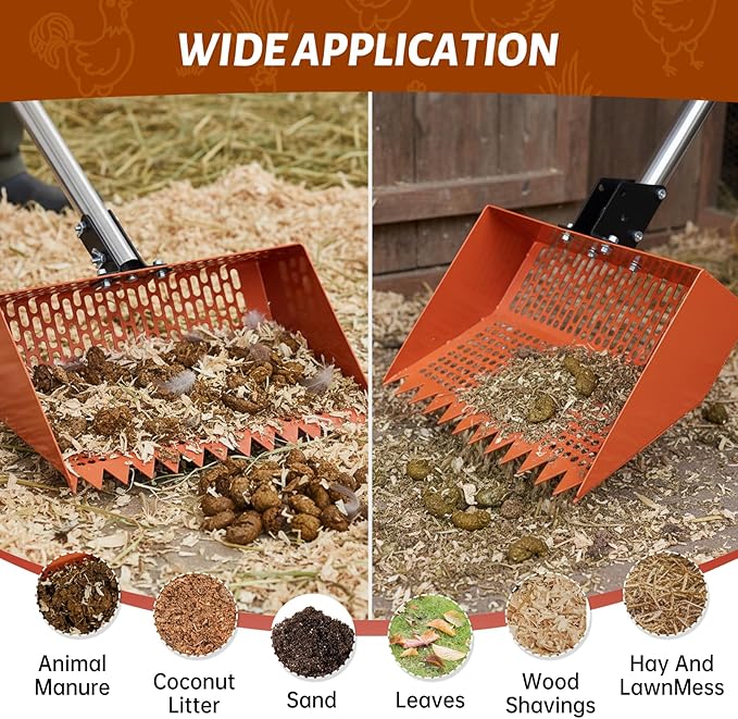 Chicken Poop Scooper for Sand, 12'' Wide 2-in-1 Chicken Coop Scooper and Rake, 36'' to 77'' Extra-Length Effort-saving Handle Chicken Coop Pooper Scooper Sifting Shovel, Chicken Coop Cleaning Tools