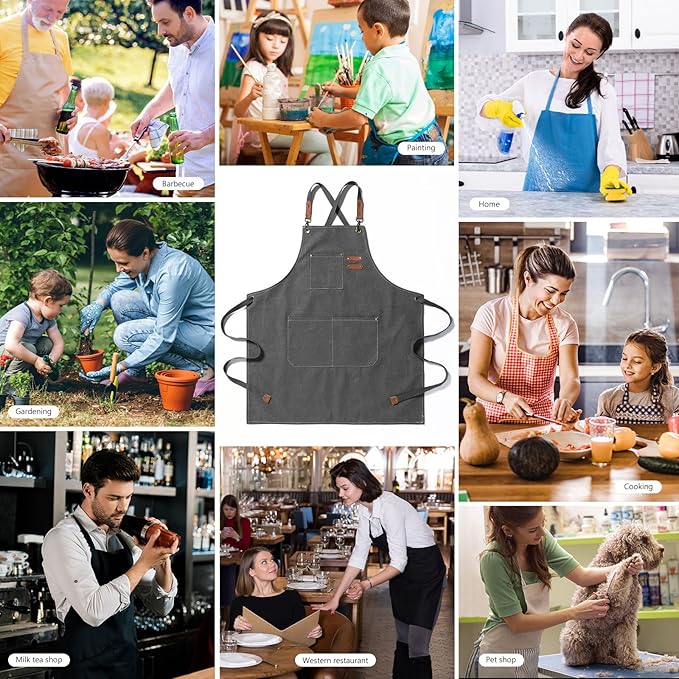 Unisex Aprons with Large Pockets,Cotton Canvas Cross Back Heavy Duty Adjustable Work Apron,Size Kids to Adult