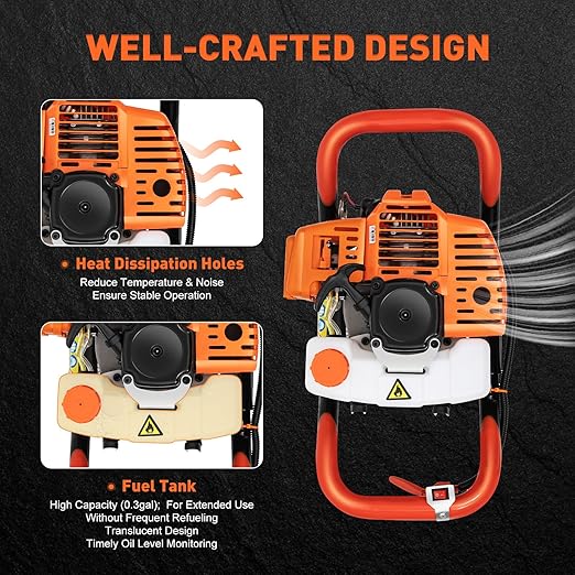 52CC Post Hole Digger Gas Powered, 1.98HP 2 Stroke Auger Post Hole Digger with 3 Drill Bits (4"/6"/8") + 1 Extension Rod for Planting - Ideal for Farm & Garden - Orange-[Arrives in Two Boxes]