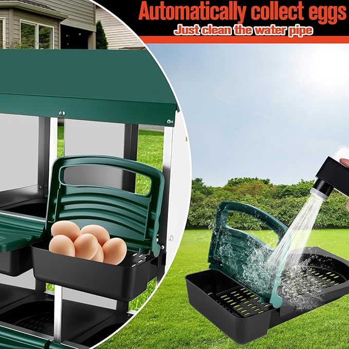 Chicken Nesting Box - 6 Hole Metal Roll Away Egg Laying Box for Hens, Heavy Duty Chicken Coop Nesting Box with Perch & Ventilation, Rust-Proof Poultry Nest (Green)