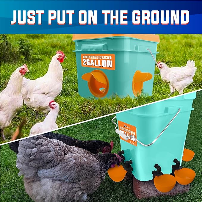Automatic Chicken Feeder and Waterer Set(4 Buckets/2-3 gallons), Chicken Bucket Feeder Ports & Cup Waterer No Waste, Rain Proof Poultry Feeder, Avoid Small Animals, Suitable for Chicken, Duck, Turkey