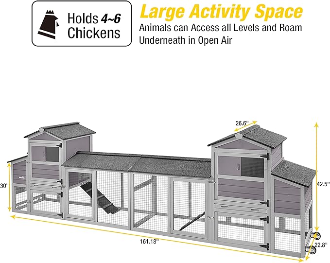 Aivituvin 160in Chicken Coop Extension Design Wooden Hen House Poultry Cage Movable with Nesting Box and Run (Two Sets)