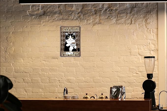 Vintage Coffee Bar Decor Sign – Black and White Cat Metal Wall Art with Humorous and Sarcastic Quote – Funny Tin Sign for Kitchen, Cafe – 8x12 Inch