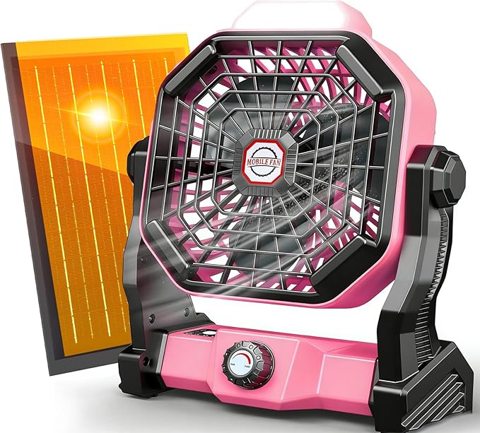 Rechargeable Solar Fan,【Max 60H Runtime】Camping Fan with Solar Panel, 10W 9-Inch Battery Operated Fans for Outside, LED Lantern, Stepless Speed Battery Powered Solar Tent Fans for Outdoor, Barbecue