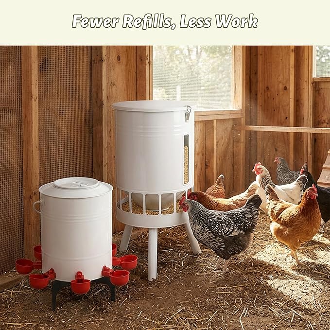 KOL 50LB Chicken Feeder & 5 Gallon Chicken Waterer Set, All-Metal 16 Port Feeder + 8 Cup Auto Waterer, No Waste, Weatherproof Poultry Feeding System Chicken Coop Accessories