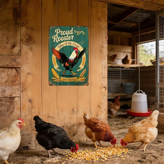 Funny Rooster Sign Pround Rooster King of the Coop Rustic Tin Sign for Home Farm Chicken Coop Decor 16x12 Inch