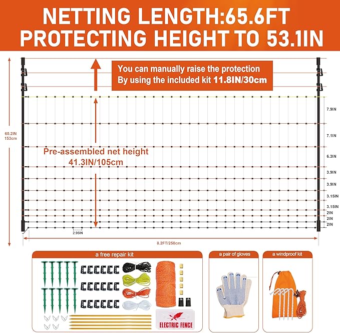 2 Rolls Poultry Electric Netting Fence - 41.3''H (can be Manually Raised to 53.1''H) x (98.5'L+65.6'L) for Flying Chicken, Sheep, Goats in Farms, Ranches and Gardens, PK2