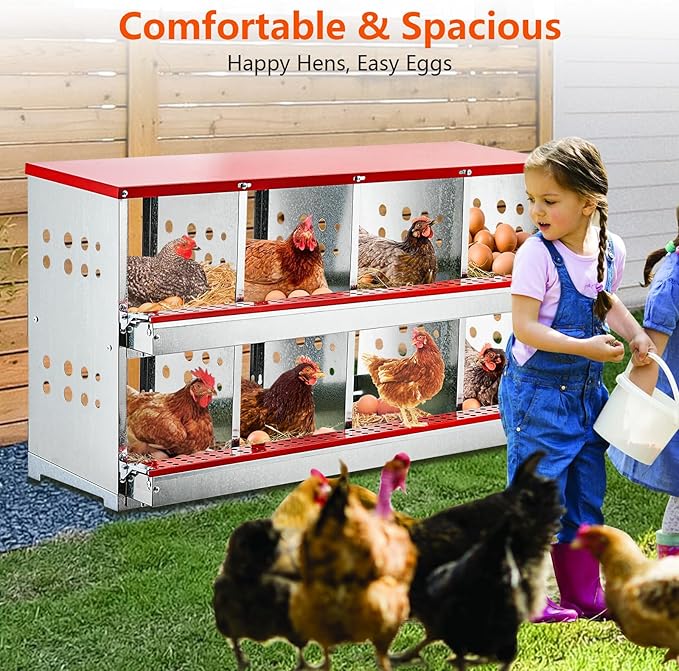 Nesting Boxes for Laying Eggs, 8 Compartment Roll Out Away Nesting Boxes for Hens, Nesting Gift Metal Boxes for Chickens Duck Poultry, Heavy Duty Chicken Coop with Perch