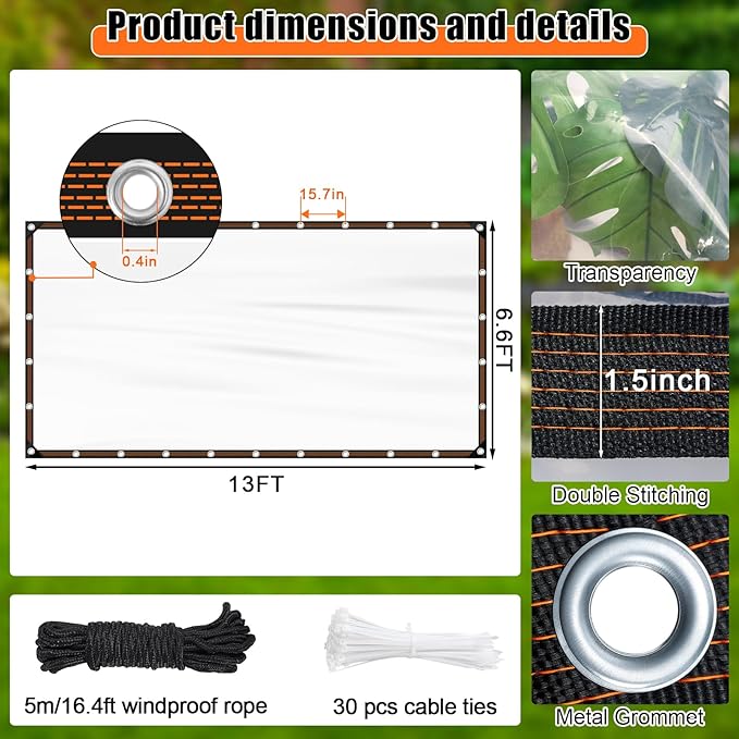ZYP 6.6x13 FT Heavy Duty Clear Waterproof Tarps Outdoor Garden Rainproof Covering,Clear Vinyl Tarp with Grommets,Transparent Waterproof Tarpaulin for Covering Henhouse Porch Canopy Plant Camping