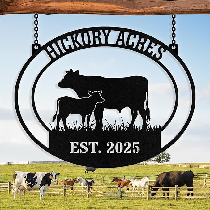 Personalized Farm Cow Calf Signs, Custom Ranch Sign, Customized Farm Metal Signs Outdoor, Custom Large Hanging Family Name Cow Sign for Farms, Ranch, Barn, Farmhouse