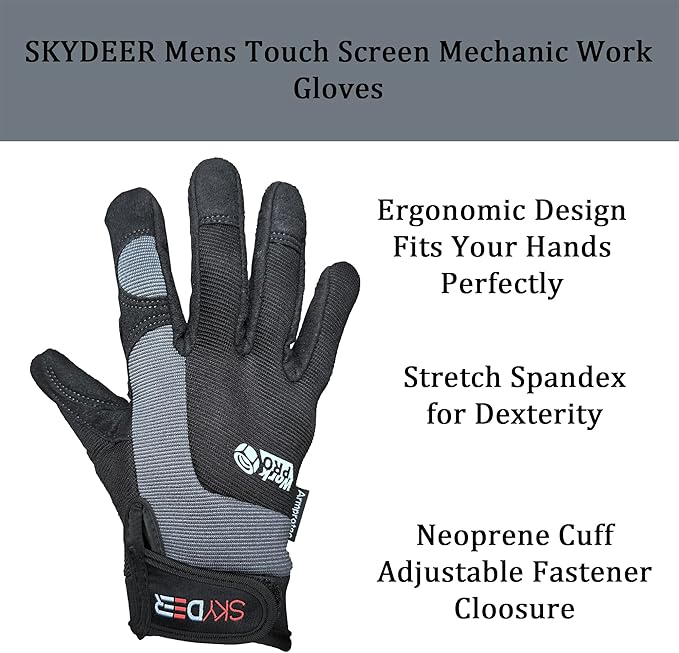 SKYDEER Touch Screen Leather Work Gloves for Men, Impact Protection, Vibration Reduction, Machine Washable Gardening Gloves (SD8820G/L)
