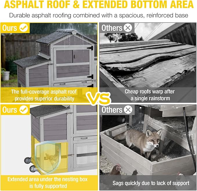 Aivituvin Large Chicken Coop with Wheels, Outdoor Hen House Mobile Poultry Cage with Run, Weatherproof Asphalt Roof, Sectionable Nesting Box, Leakproof Pull-Out Tray for 4-6 Chickens - Grey