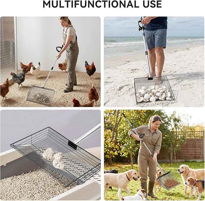 AiQInu Chicken Poop Scooper & Rake 2-in-1, Adjustable Stainless Steel 15 in Chicken Coop Scoop for Poop with 24 to 90" Long Handle, Sifting Shovel for Chicken Coop/Goat Stall/Stable Cleaning
