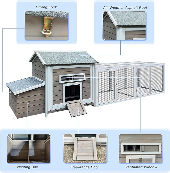 Large Wooden Chicken Coop Outdoor Hen House with Nesting Box，Walk-in Poultry Cage with Secure Locks, Metal Mesh Run for Backyard Farm Use (Gray 118")