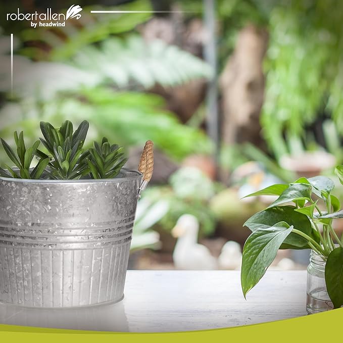 Headwind Decorative Planter - Round Galvanized Bucket w/Rope Handles – 12 Inch Metal Tub Bucket Planter for Outdoor Plants w/Drainage Hole – Galvanized Large Outdoor Planters Buckets by Robert Allen