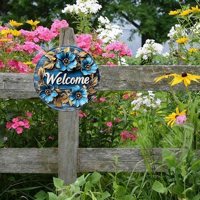 Flower Round Metal Tin Sign Wreath Welcome Floral Wreath Vintage Wall Art Decor for Home Porch Garden Decor 12x12inch