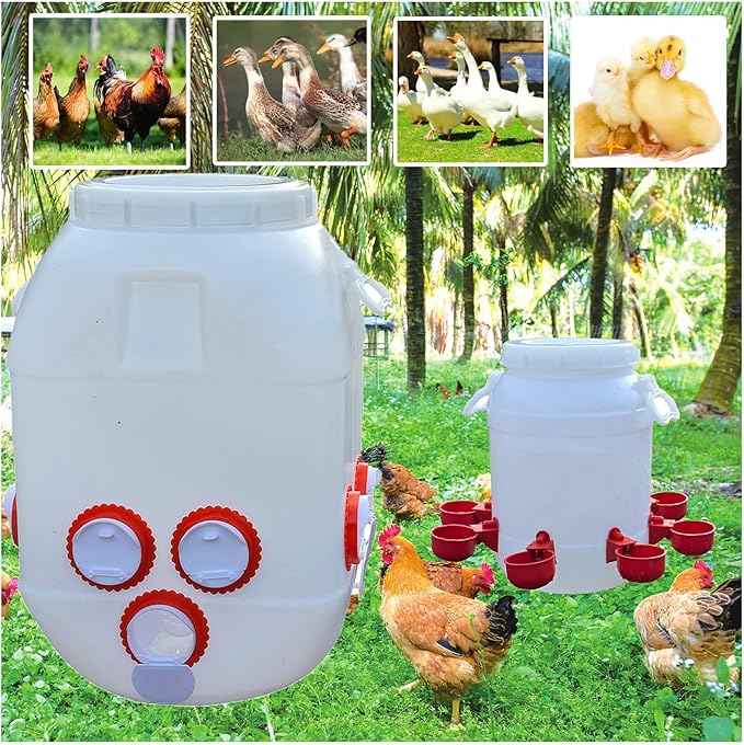 Rainproof Chicken Feeder and Chicken Waterer Set (13 Gallon/60 Pounds) Automatic Chicken Feeder Poultry Feeder Bucket with 10 Ports Chicken Waterer (2.6 Gallon/10L) with 8 Water Cups
