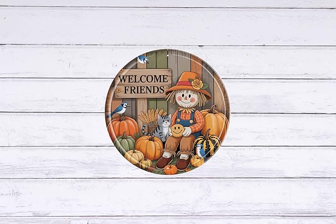 AWISZZZ Welcome Friends Metal Sign 8x8in Round Rustic Plaque for Farmhouse Entryway Wall Decor Hospitality Gift