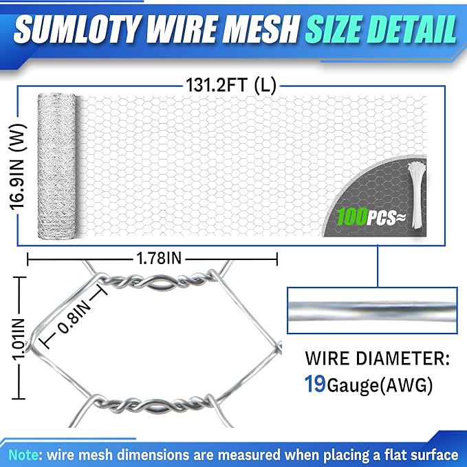 Chicken Wire, 16.9in x 131.2ft Poultry Netting for Garden, 0.6 Inch Hexagonal Galvanized Hardware Garden Fence for Craft Projects, Pet Dog, Rabbit Chicken Fence