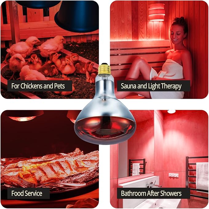 250 Watts R40 Red Heat lamp Light Bulbs Infrared Flood Reflector Incandescent Spotlight for Food Service, Brooder Bulb, Chicken, Pet, Bathroom, Light Therapy 250R40/HR Medium E26 Base 1 Pack