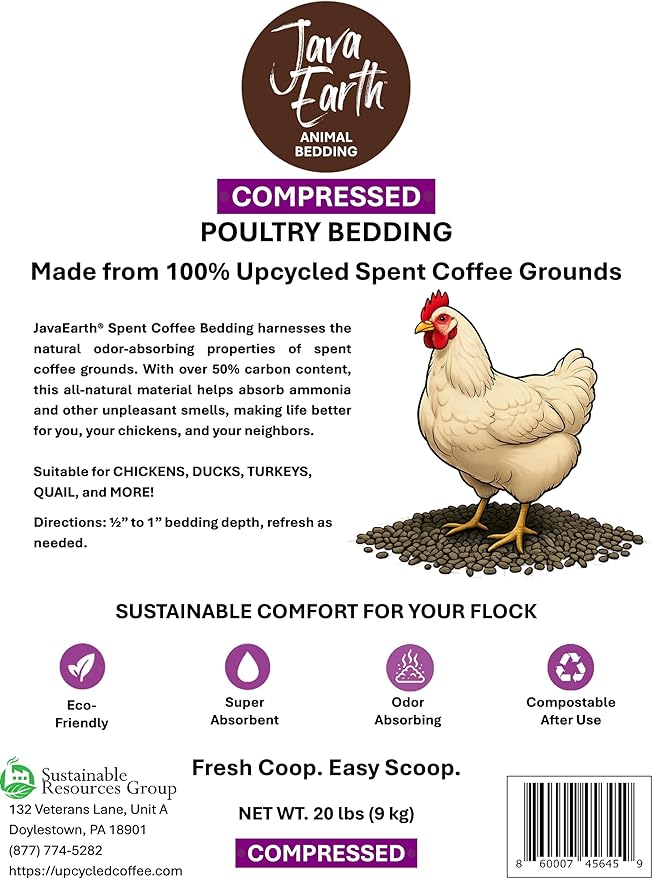 JavaEarth® Compressed Poultry Bedding, Upcycled Spent Coffee Ground Pellets, 20 lbs