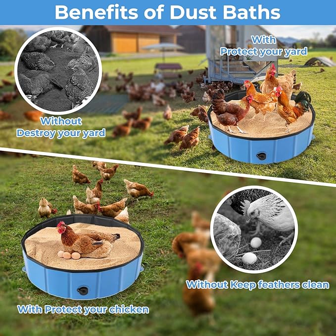 Chicken Dust Bath Tub (32'' D * 8'' H), Foldable Design Extra Tough PVC Material Chicken Coop Lime, Dust Bath for Chickens, Chicken House Cleaner Container, Essential Chicken Coop Accessories Blue