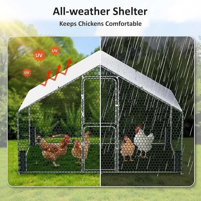 Large Metal Chicken Coop, Walk-in Chicken Run with Feeding Door, Security Lock and Cover, Outdoor Duck/Rabbit Cage Poultry Pen for Backyard, Farm, Yard (Silver - Spire Roof, 9.8 x 6.5 x 6.5 FT)