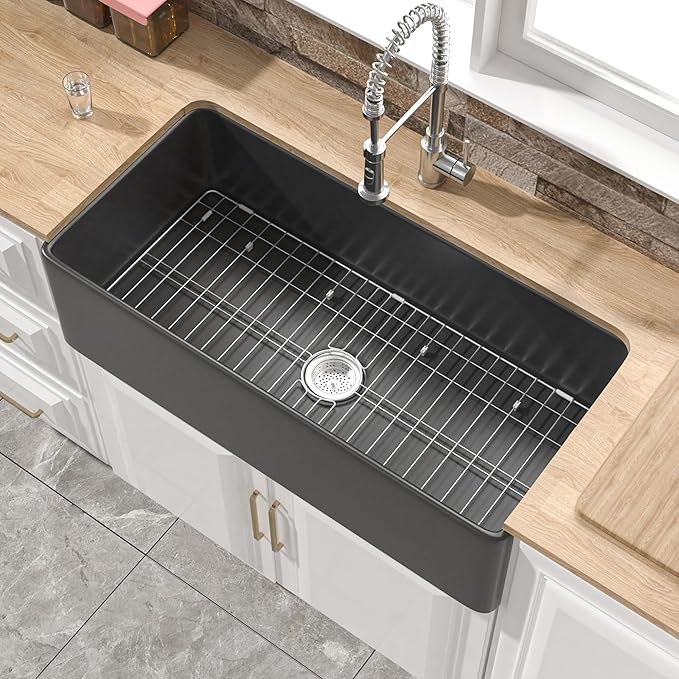Extra Large Black Farmhouse Sink 36 x 18 Inch, MIN. Base Cabinet Size: 21"Dx39"W, Firecaly Apron Front Undermount Farm Sink Single Bowl for Kitchen, w Accessories 2 Types