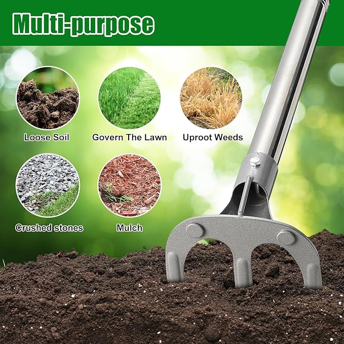 48" Hand Cultivator, 3-Tine Heavy Duty Long Handle Weeding Rakes with D-Handle for Gardens Raised Beds Orchards Small Farms and Harvesting Potatoes