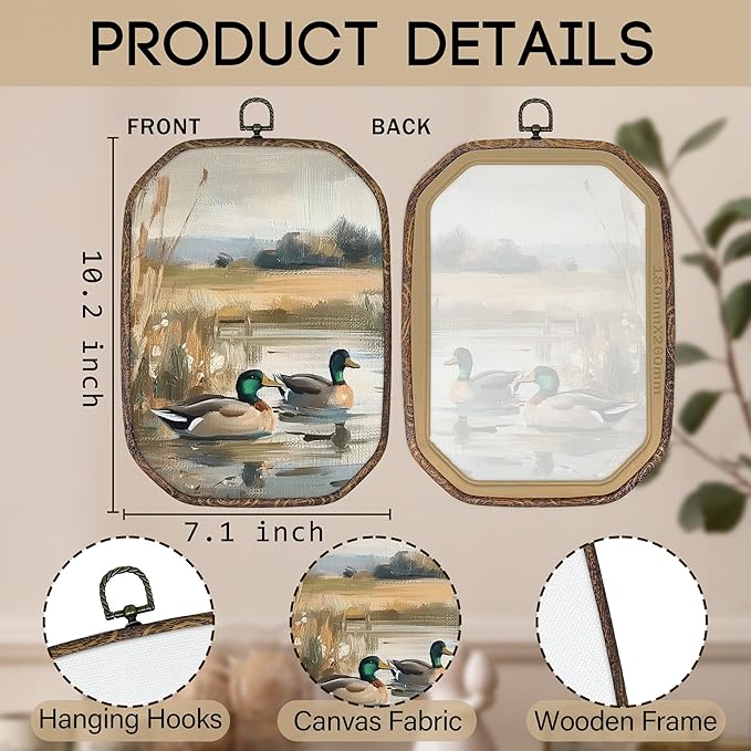 Yorhifa Vintage Mallard Duck Framed Wall Art, Countryside Lake Oval Wall Art, Wildlife Nature Pond Oval Walls Decor, Farmhouse Rustic Farm Animal Canvas Artwork Hanging Decor, 7x10.2 Inch