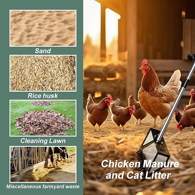 10" Chicken Poop Scooper & Rake Pooper Scooper Head for Sand Chicken Litter Scoop with Handle Litter Sifting Shovel with 29" to 56" Adjustable Handle Chicken Coop Accessories Tool for Clean