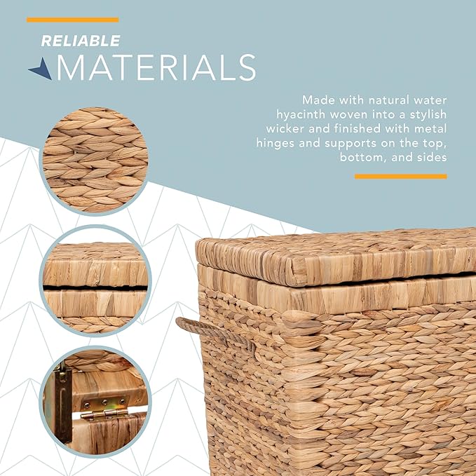ClickDecor Storage Trunk, Farmhouse Style, Extra Large (33”), Deep, Woven Wicker Chest With Metal Frame, 2 Handles, Flip Top Lid and Stay Open Safety Hinges, Sustainable Eco Material, Natural Wicker