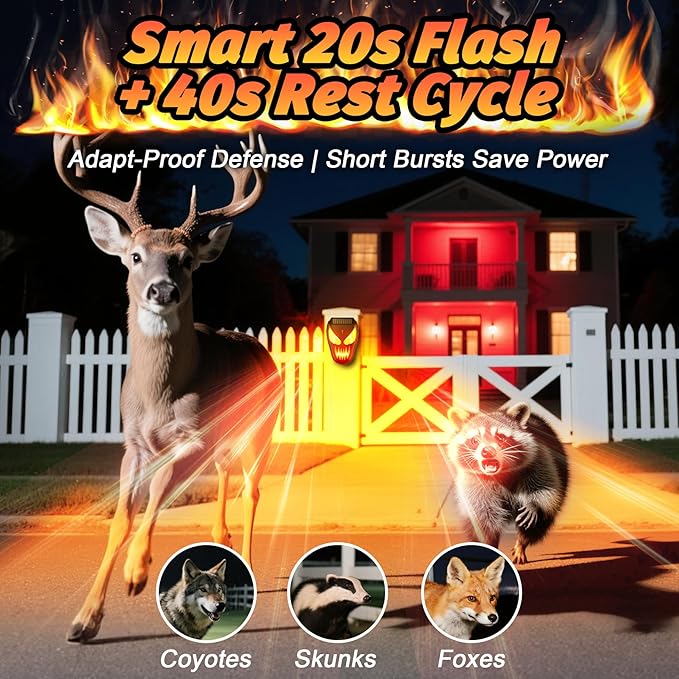 Solar Coyote Deterrent Predator Lights - Nocturnal Animal Repeller with Red LED Flashing Lights for Chicken Coop, Yard & Garden Protection Against Raccoons, Foxes, Deer, Skunks, Hawks 4 PCS