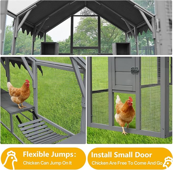 KEIKI 110"L Outdoor Large Chicken Coop with Waterproof Cover, Roosting Platform, Wire Mesh & 2 Lift Small Doors with Locks, Wood Chicken Coop House with Run for Cat Kitten Playpen, Duck, Rabbit, Quail