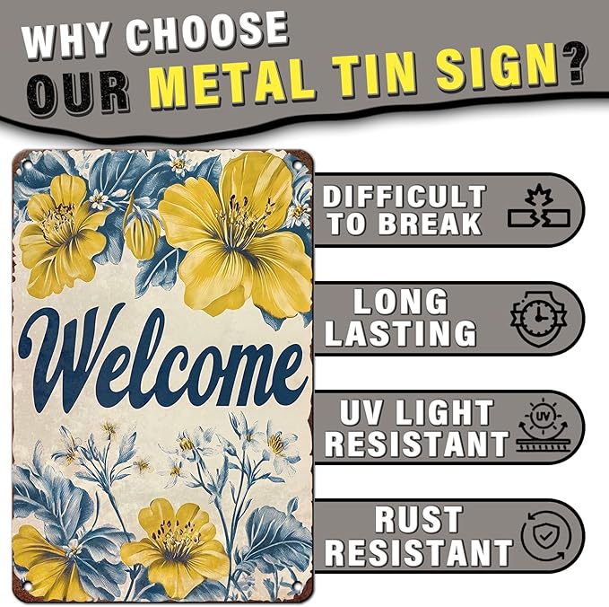 Flowers Vintage Tin Sig Welcome Metal Tin Sign Retro Sign for Home Bar Office Outdoor Wall Decor 12x16inch