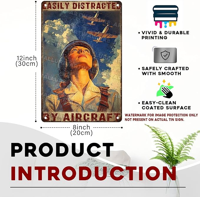 Airplanes Sign for Home Decor Easily Distracted By Airplanes Vintage Metal Poster Retro Art Decor for Backyard Garage Man Cave Shed Office Craft Room 8x12inch