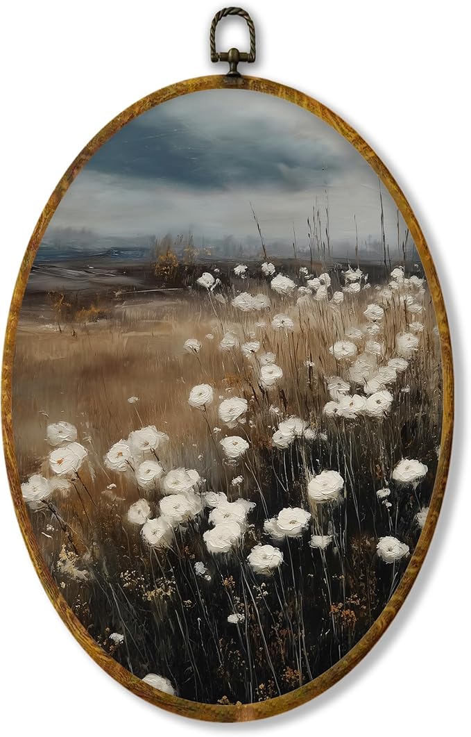 Hiuwevt Vintage Rustic Floral Oval Wall Art Decor, Farmhouse Landscape Framed Canvas Prints, Country Floral Botanical Oval Wall Hanging Decor for Home Bedroom Living Room Decorations, 8.6x11.4 Inches