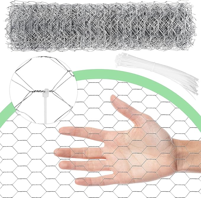 Chicken Wire 15.7 in x 590.5 in Poultry Wire Netting Hexagonal Galvanized Mesh Garden Fence Barrier for Pet Rabbit Chicken Fencing with 100 Pcs Cable Zip Ties