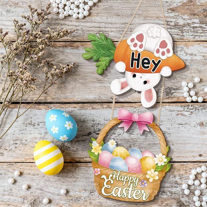 CHDITB Easter Bunny Wooden Sign, Happy Easter Wood Hanging Plaque With Carrot, Spring Rabbit Front Door Sign, Eggs Basket Wall Art Sign Hanger, Welcome Wall Decor For Outdoor Porch Yard Home Decor