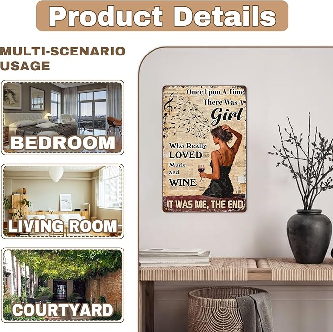 Vintage Once Upon A Time Girl Who Loved Music & Wine Tin Sign Rustic Metal Wall Art For Home Bar, Café, Kitchen, Music Room 8x12 Inch