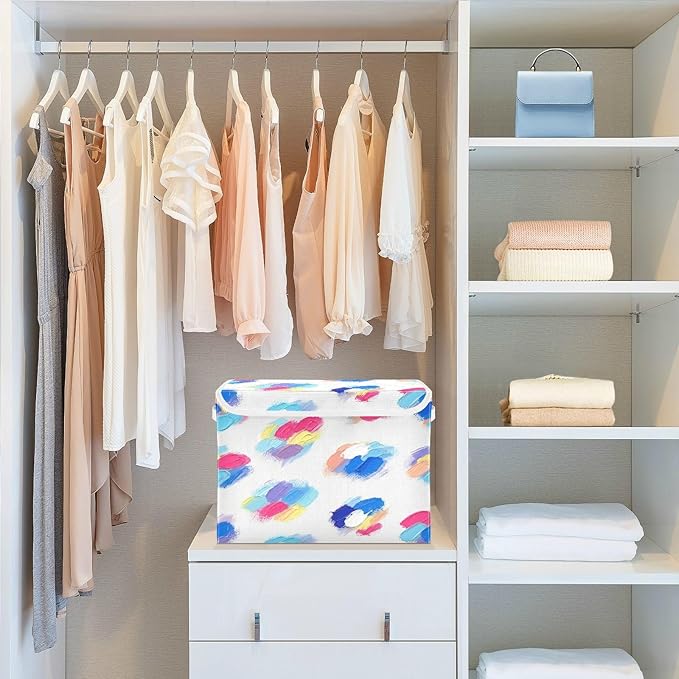 Colorful Brushstroke Pattern Storage Bins with Lids Foldable Storage Basket with Handles Collapsible Large Fabric Organizer Containers for Clothes Shelves Closet Office Home