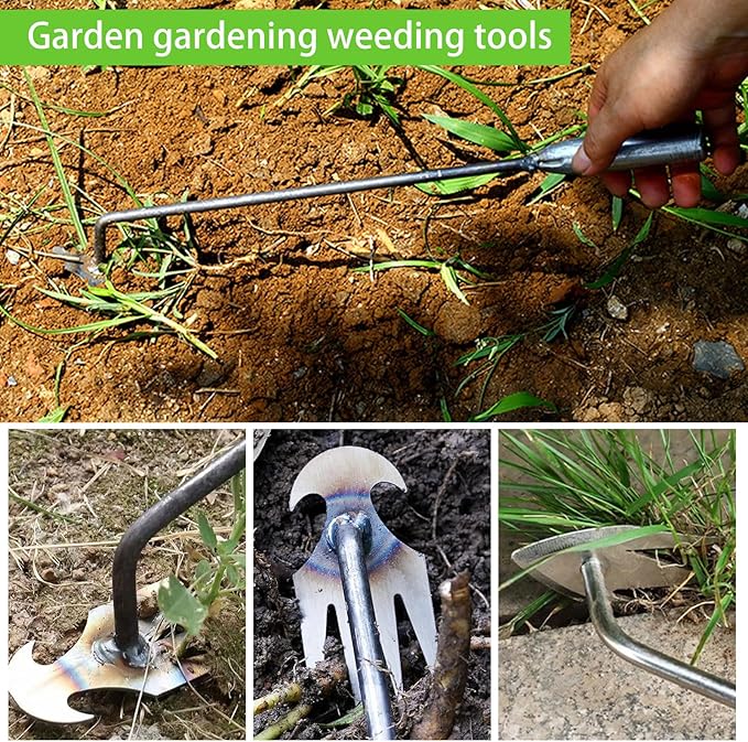 Weed Puller Tool, Weeding Artifact Uprooting Weeding Tool, Garden Weeder Tool 4 Teeth Manganese Steel Forged, Weed Master Weeding Tool, Weed Removal Tool for Vegetable Backyard Farm (Silver-40cm)