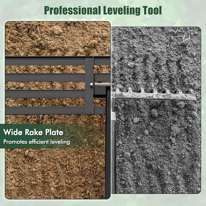 Happygrill Lawn Leveling Rake, Heavy Duty Lawn Level Tool for Soil w/67” Handle, Dirt Ground Leveler, Effort-Saving Landscape Rake for Garden, Backyard, Golf Course, Farm, Pasture (42" x 10", Black)