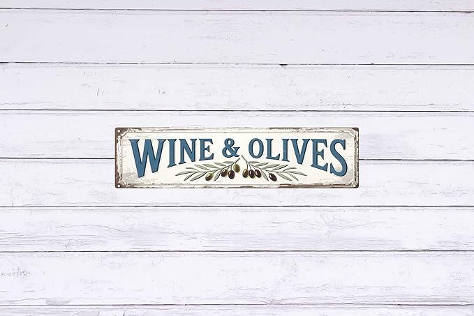 Wine and Olives Metal Sign 4x16in Rustic Plaque for Kitchen Dining Room Wall Decor