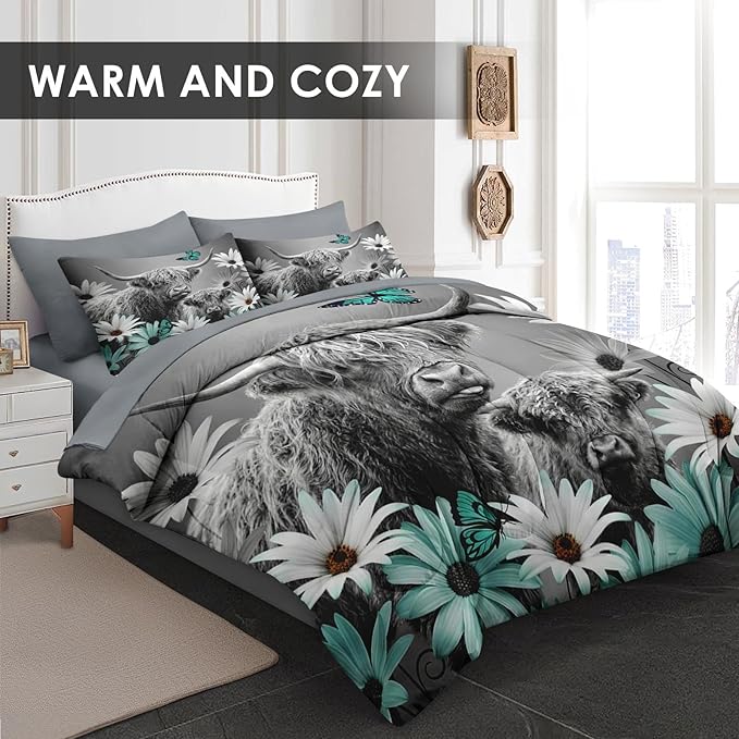 Comforter Set Twin Size, Highland Cow Bull Animal 5 Pcs Bedding for Kids and Adults, Flower Daisy Farm Bed Sheet Sets with Fitted Sheet Pillowcase & Sham for Bedroom Bed Decor